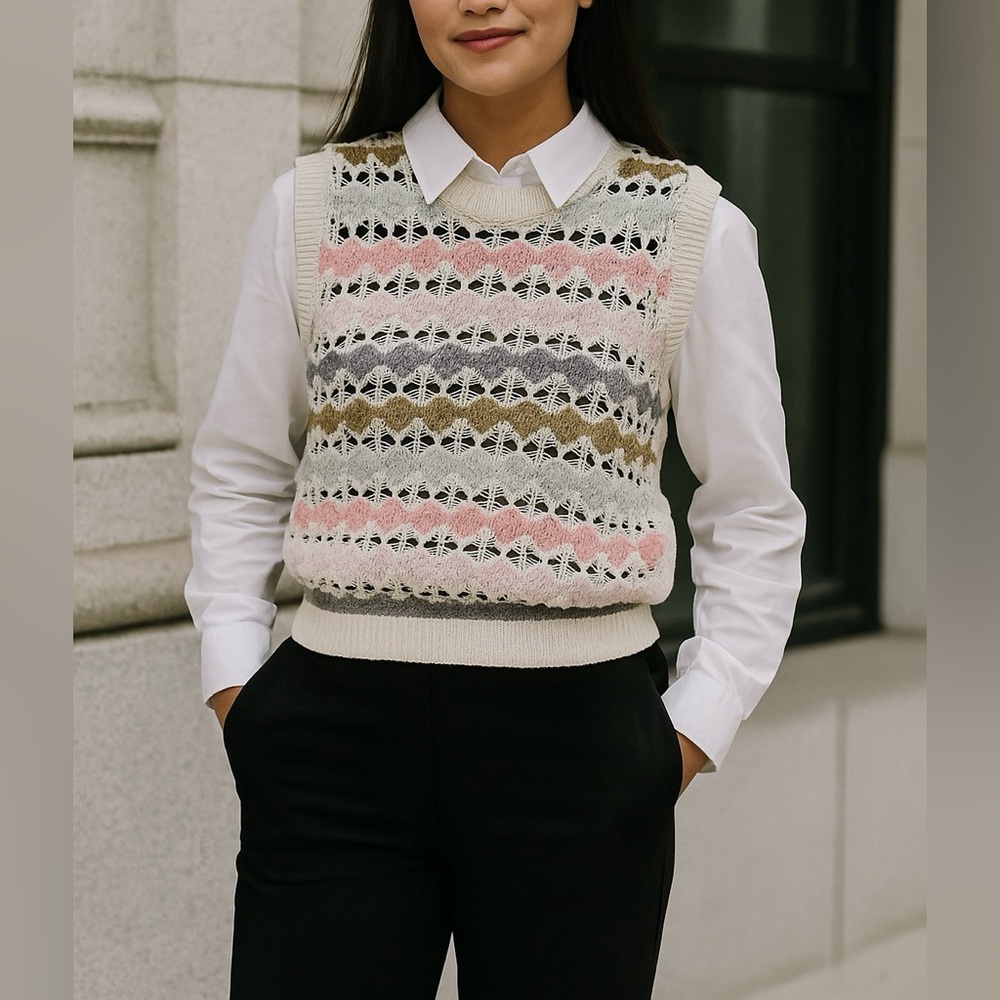 Zara Cream and‎ Gray Knit Sweater Vest